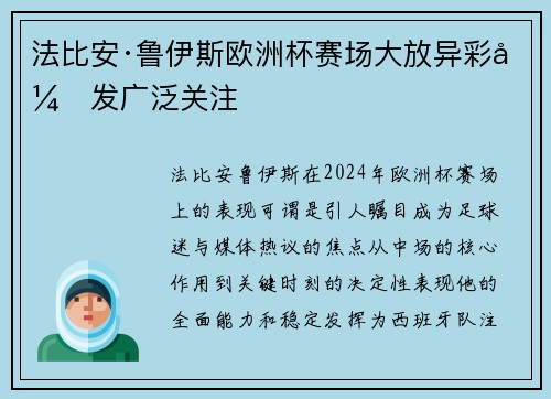法比安·鲁伊斯欧洲杯赛场大放异彩引发广泛关注